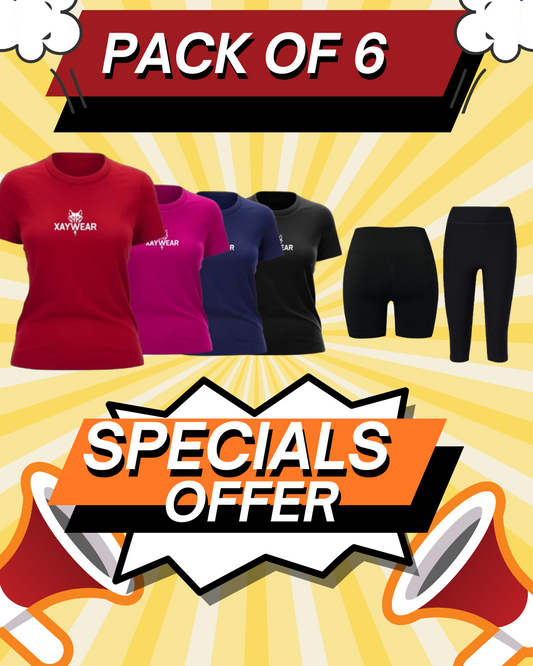 XAYWEAR pack of six special offer with colorful t-shirts and black shorts and leggings deal