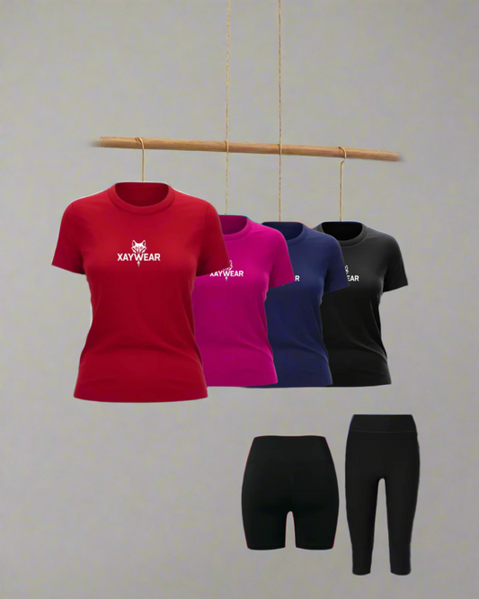 XAYWEAR pack of six including four colorful t shirts and two black bottoms hanging and displayed