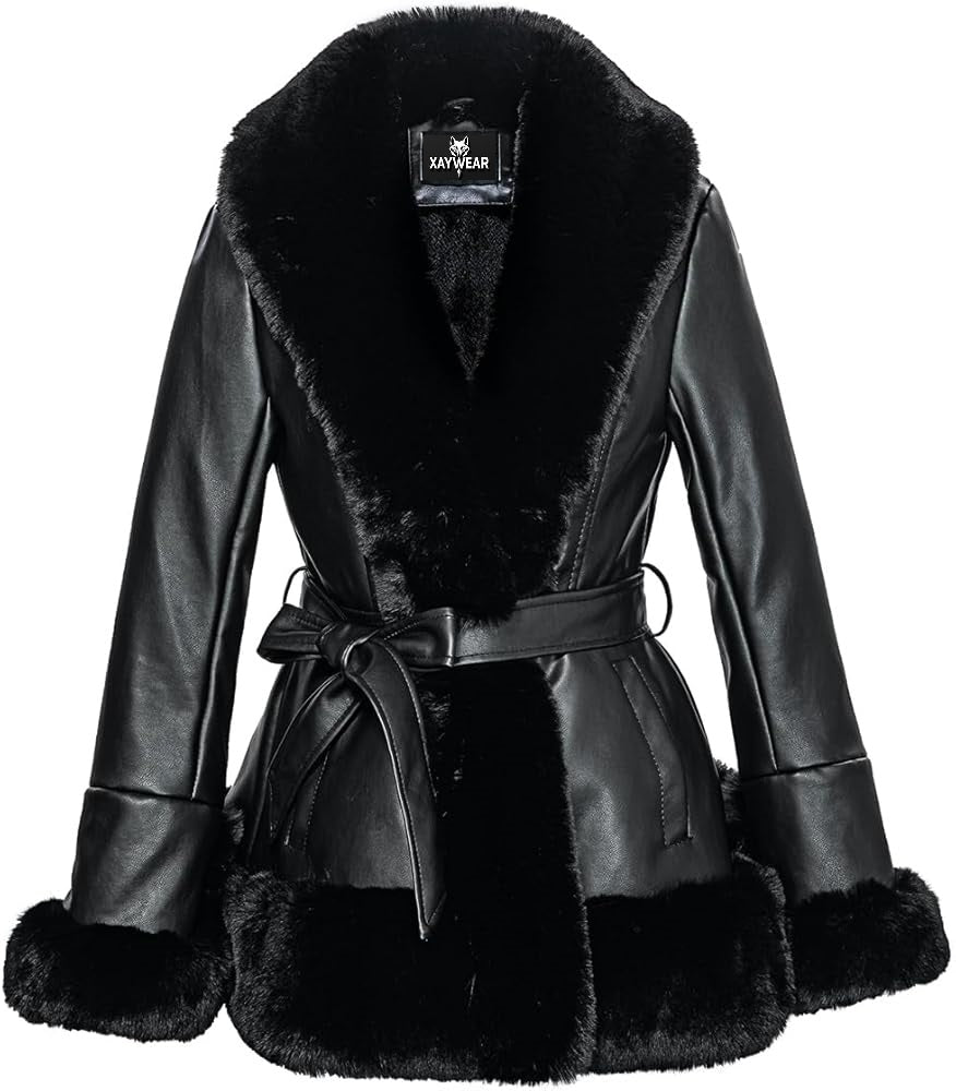 XAYWEAR black winter leather jacket for women with faux fur collar, cuffs, and belt