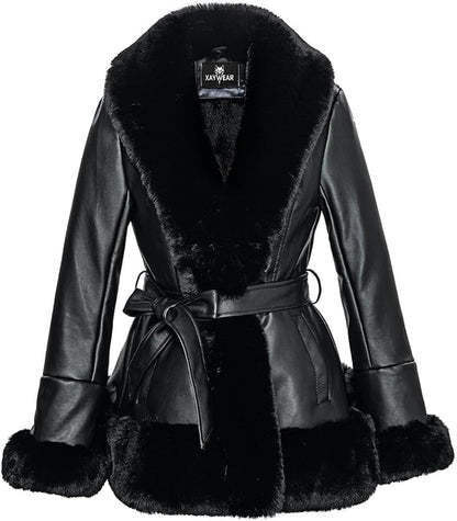 XAYWEAR black winter leather jacket for women with faux fur collar, cuffs, and belt
