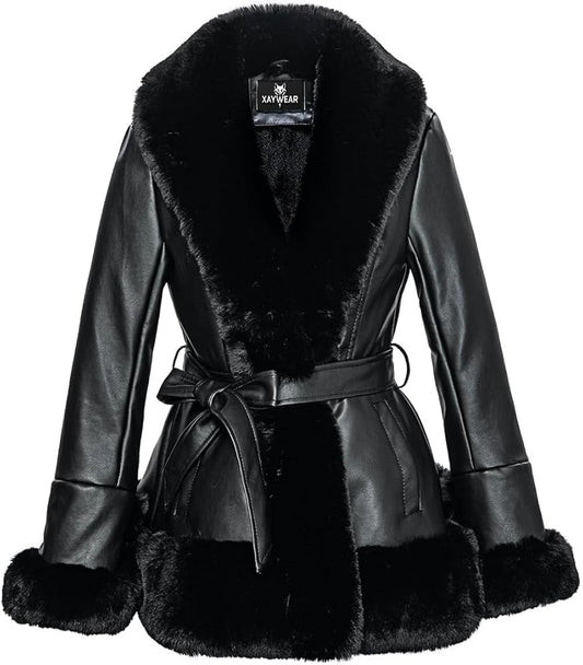 XAYWEAR black winter leather jacket for women with faux fur collar, cuffs, and belt