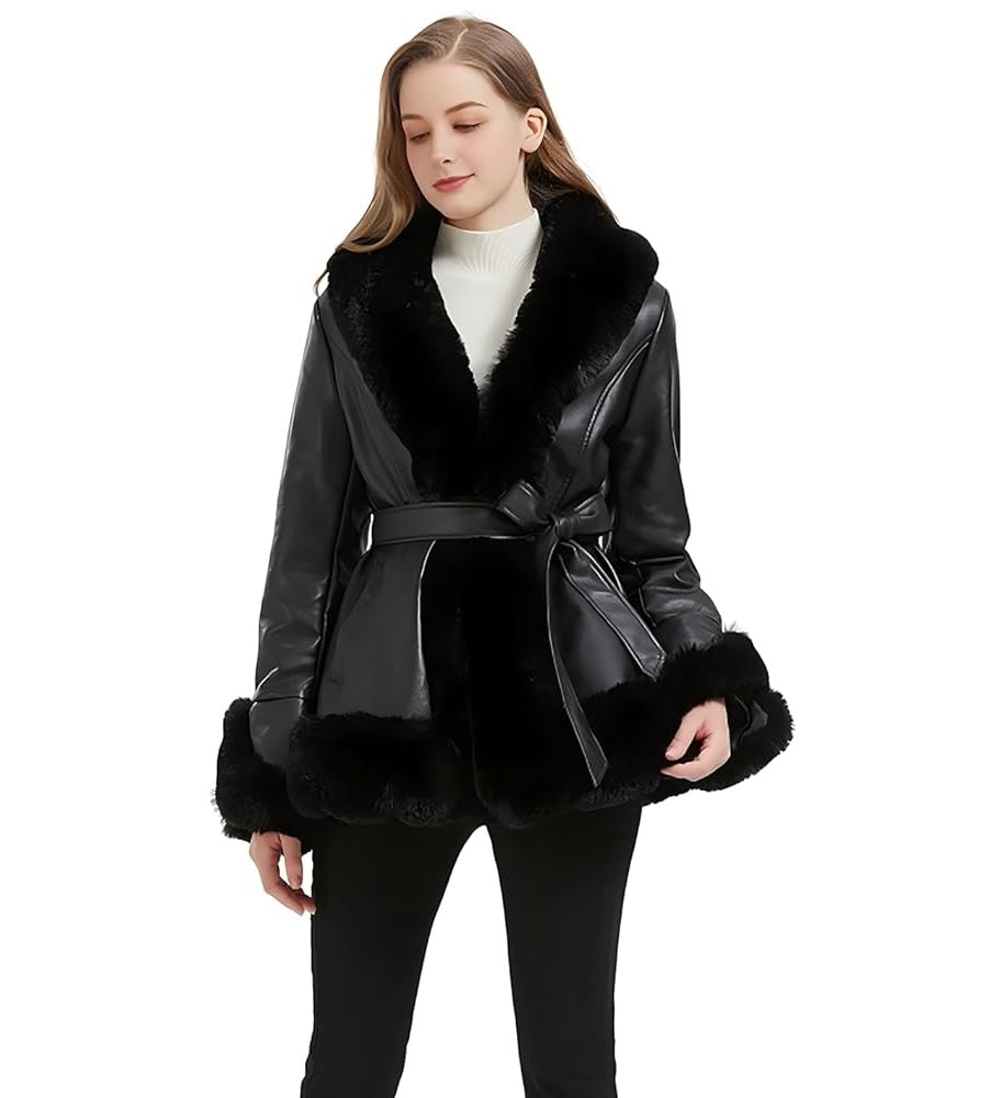 XAYWEAR black winter leather jacket for women with fur collar and cuffs styled with belt