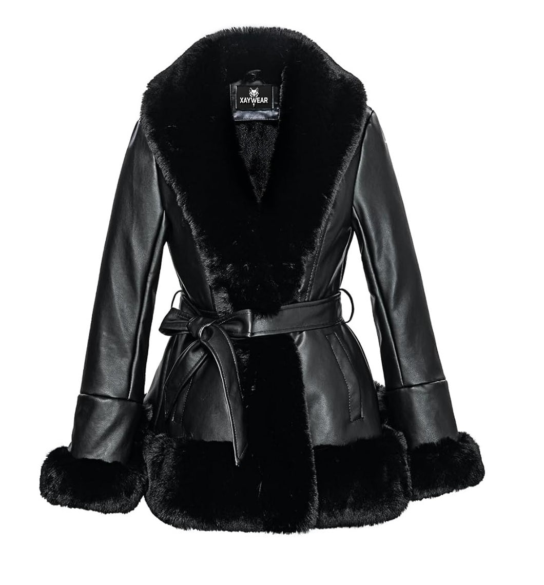 XAYWEAR black winter leather jacket for women with fur collar, cuffs, and waist belt