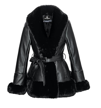 XAYWEAR black winter leather jacket for women with fur collar, cuffs, and waist belt