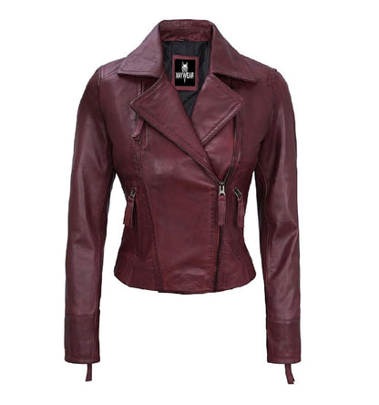XAYWEAR women burgundy leather jacket biker style with zippered pockets and collar