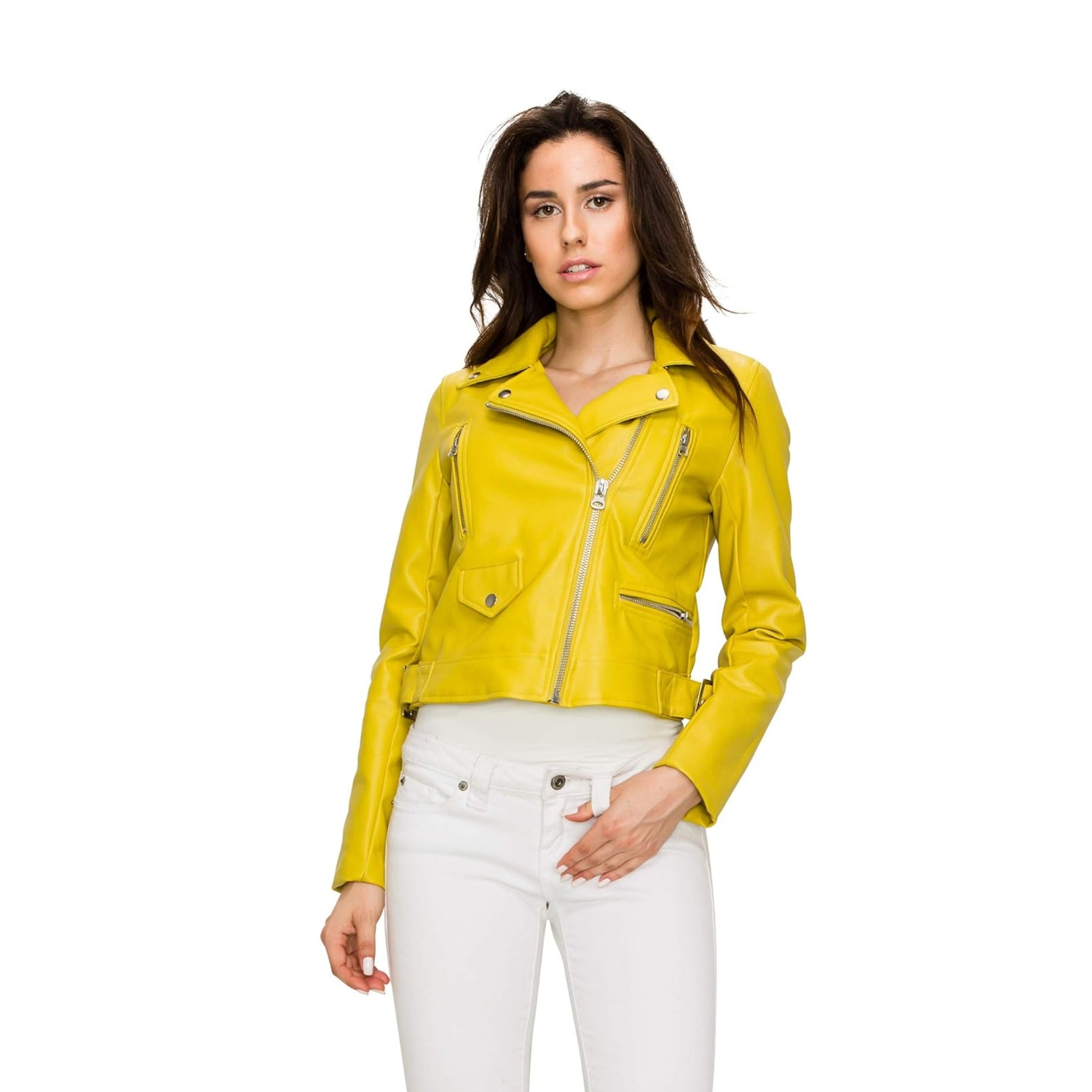 XAYWEAR yellow leather jacket biker style with zippered pockets worn by woman with white pants