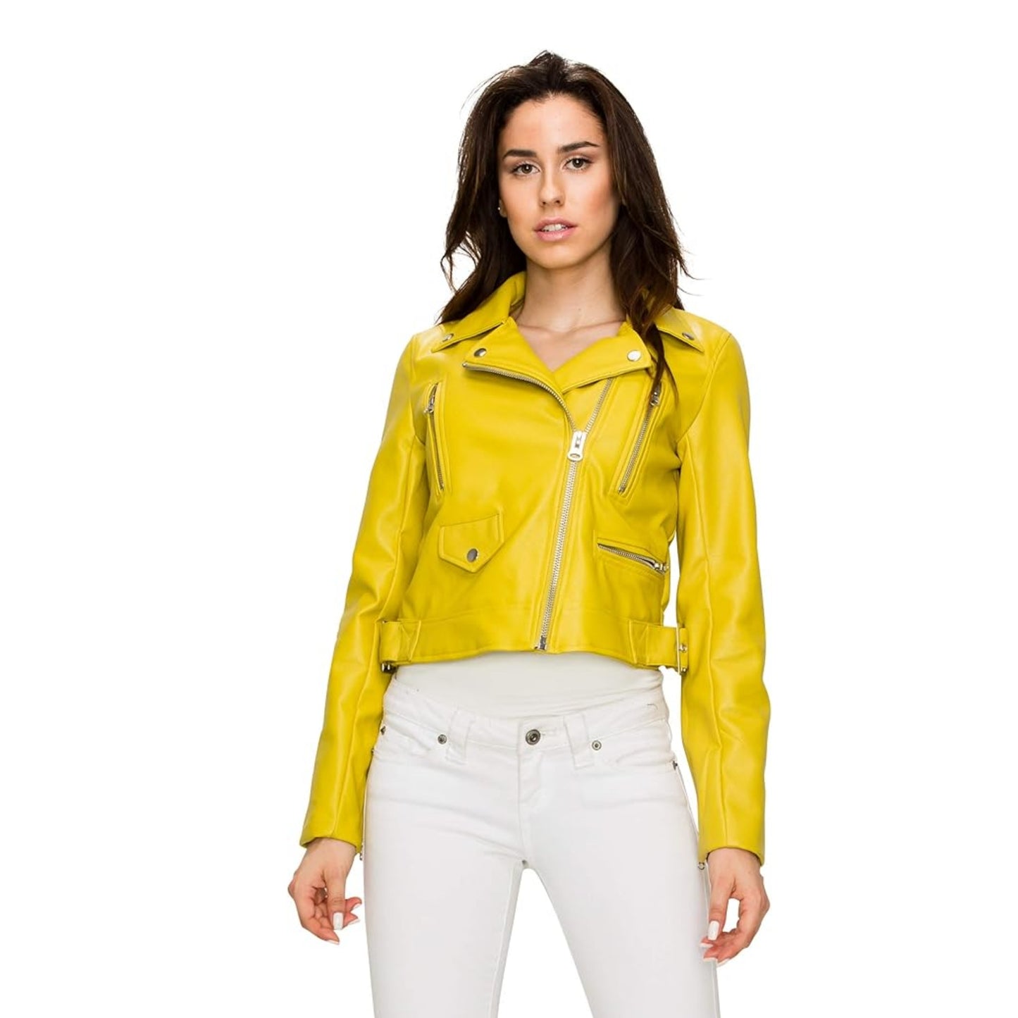 XAYWEAR yellow leather jacket biker style with multiple zippers and a fitted silhouette
