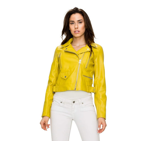 XAYWEAR yellow leather jacket biker style with multiple zippers and a fitted silhouette