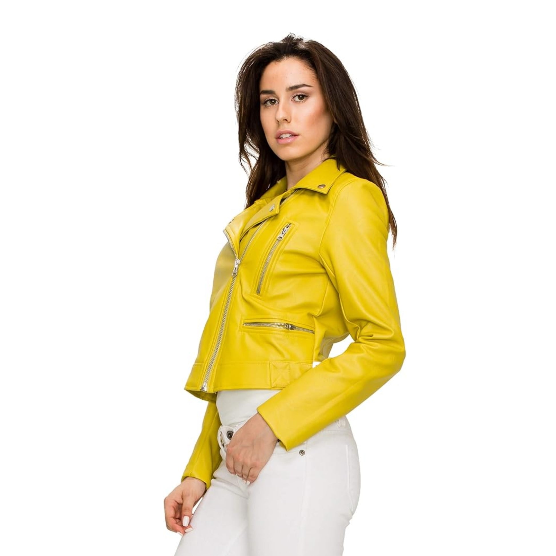 XAYWEAR yellow leather jacket biker style with zippered pockets worn by female model