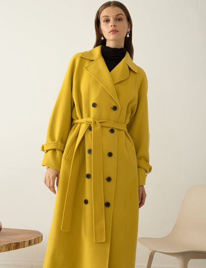 XAYWEAR mustard yellow long coat with belt and double-breasted buttons winter coat women