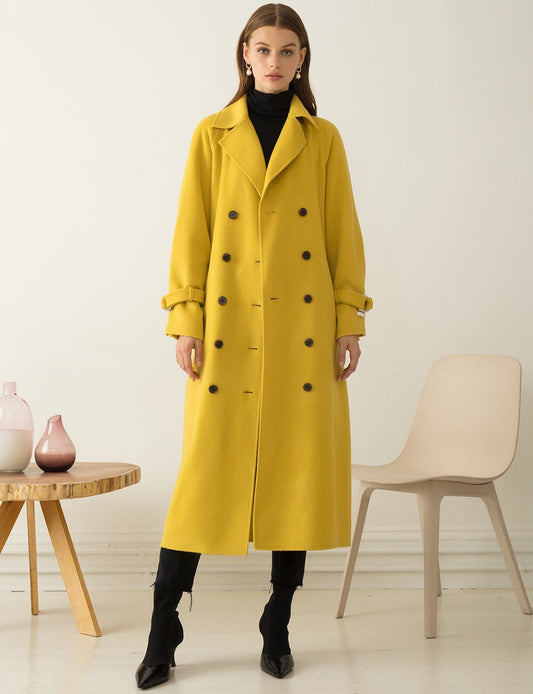 XAYWEAR yellow long winter coat women with double-breasted buttons and lapel collar styled with black turtleneck and boots